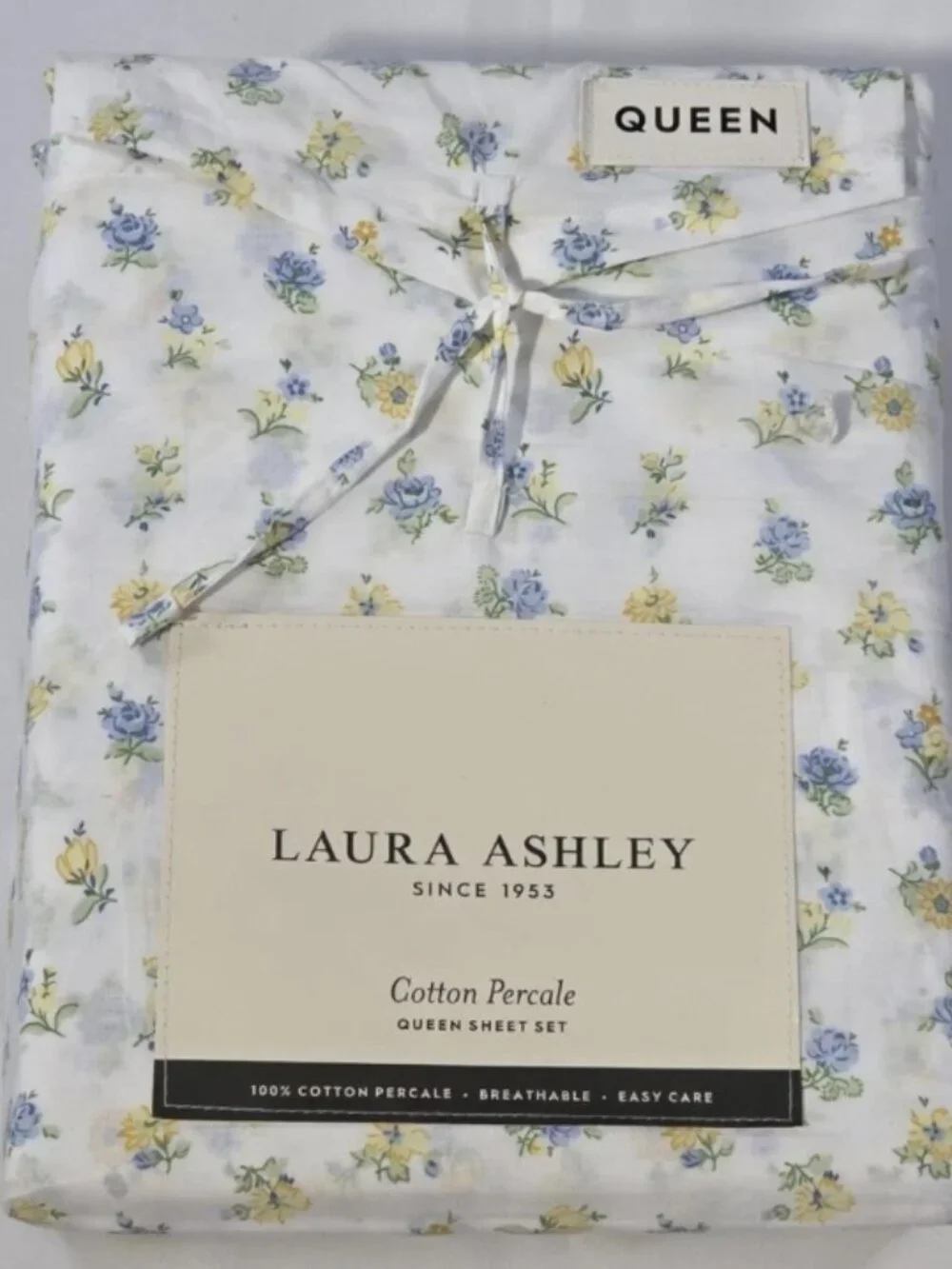 Laura Ashley Queen Sheet Set NWT Blue Yellow Floral Cotton Percale Bedding